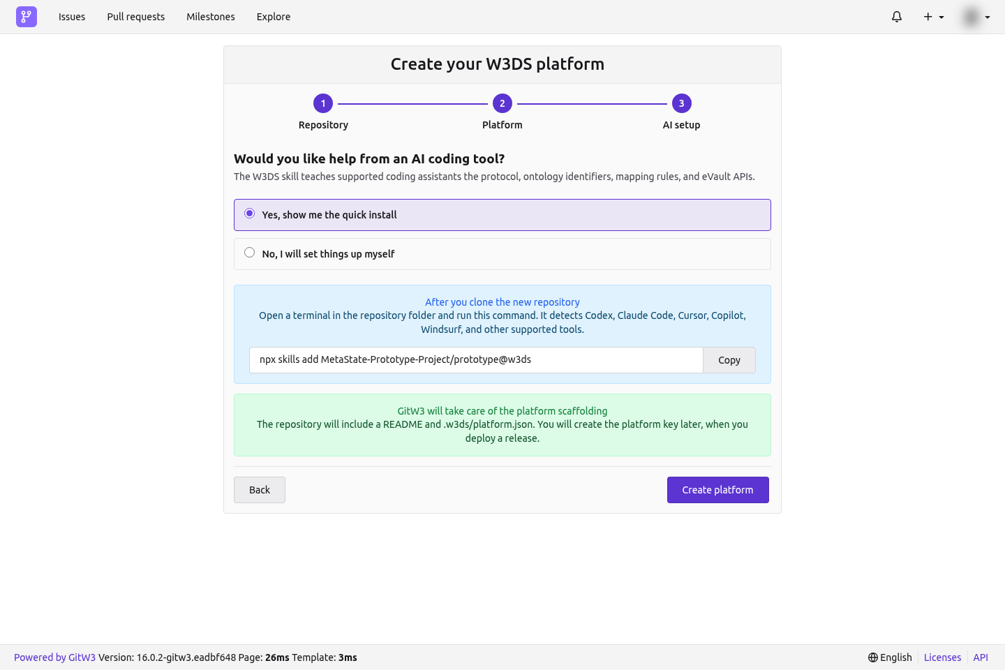Step three of the create-platform wizard, offering the W3DS skill command for supported coding agents.