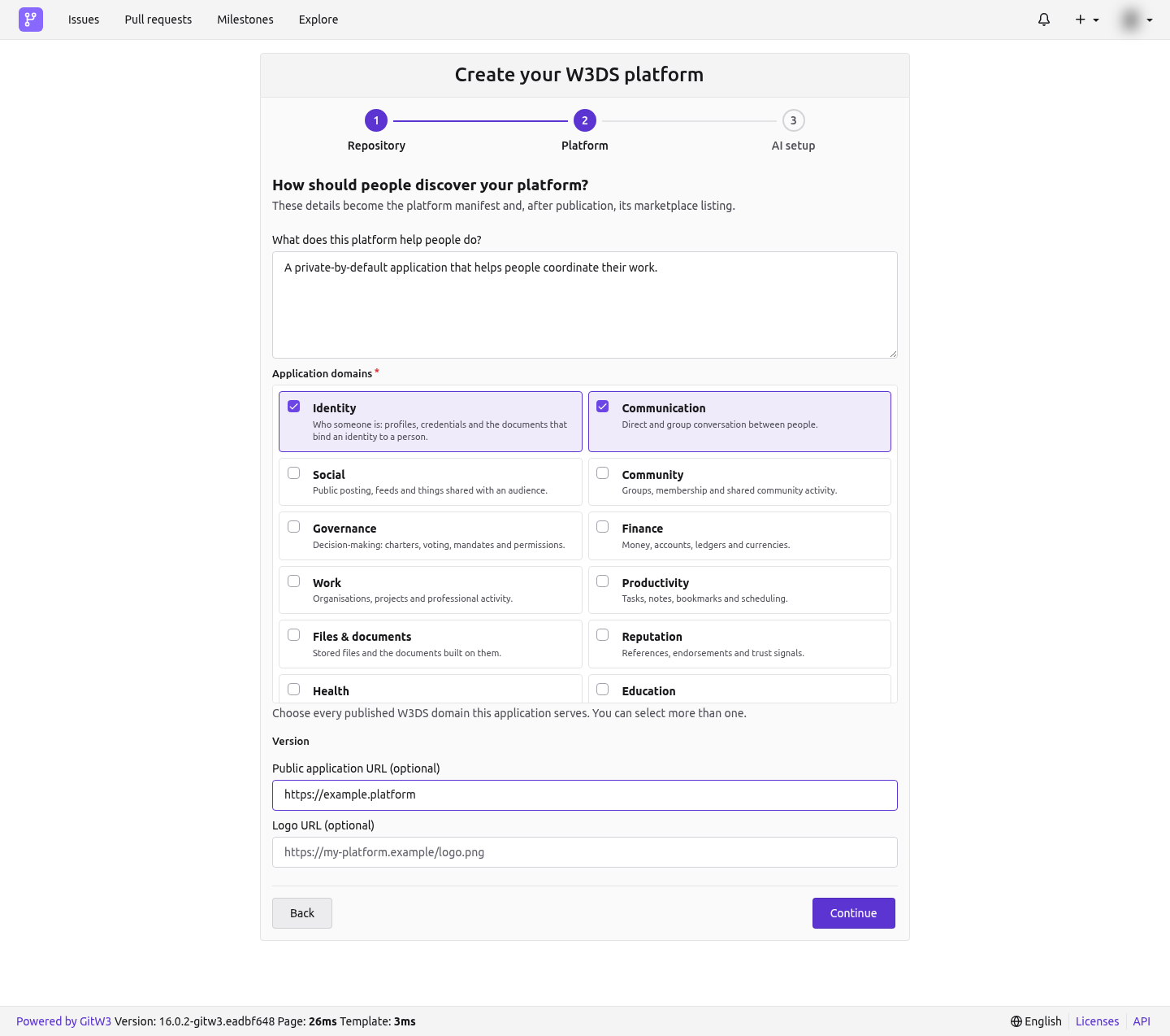 Step two of the create-platform wizard, with a description, W3DS domains, application URL, and logo URL.