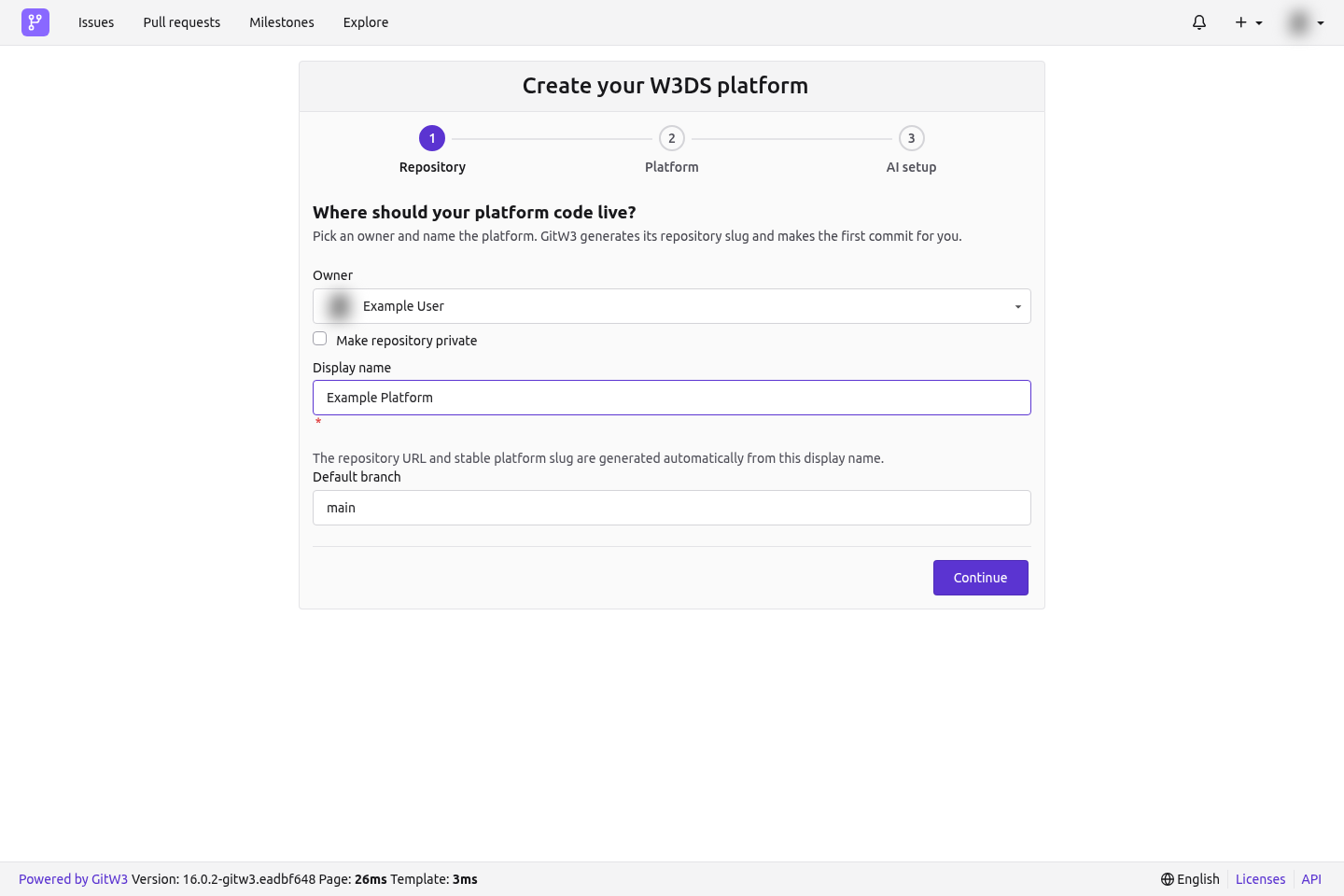 Step one of the create-platform wizard, where the owner and display name are selected.