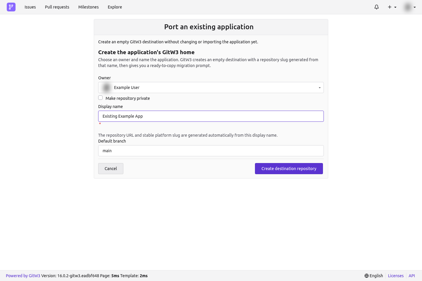 The initial GitW3 form for creating an empty destination for an existing application.